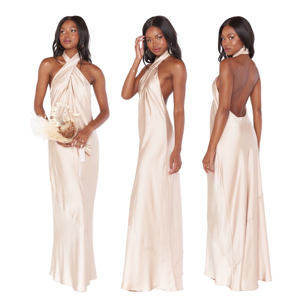 Show me your mumu Jasmine Halter Maxi Dress champagne luxe satin gown